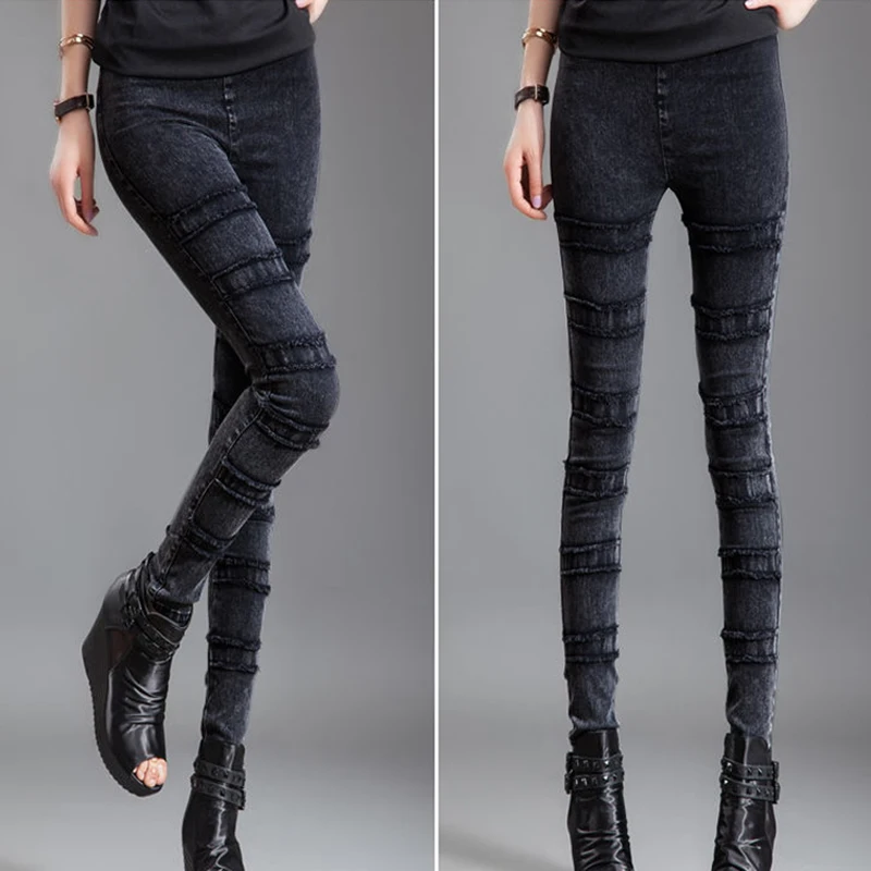 

FAKUNTN Streetwear slim women jeans large size stretch denim pencil pants female side stripe rivet skinny pants high waist long