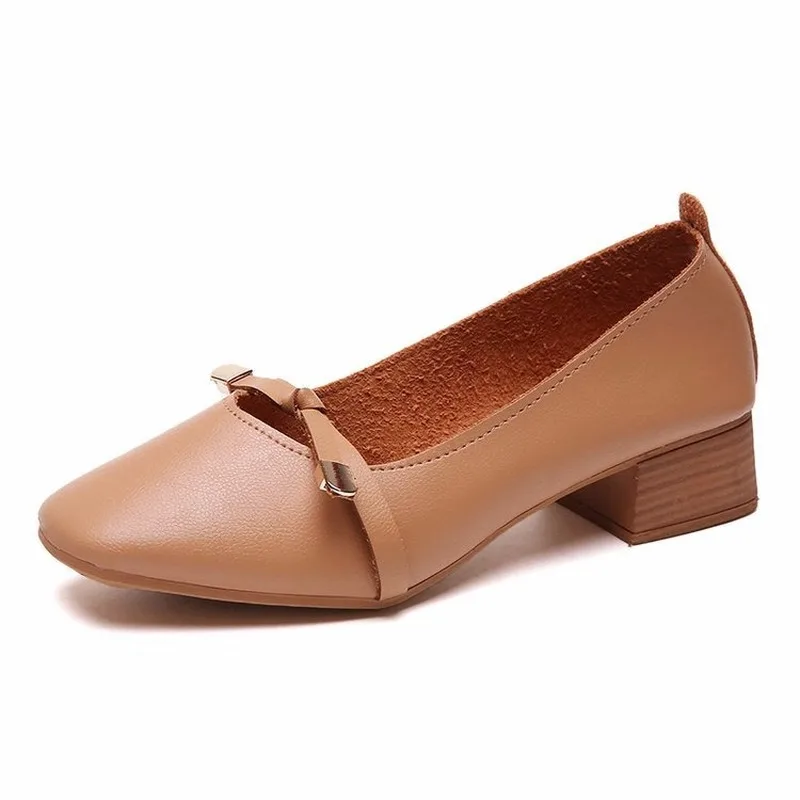 

2020 Spring Autumn New Fashion Casual Shoes Bow Knot Square Mid Heel Women Shoes Woman Slip on Round Toe Ladies Shoes Plus Size