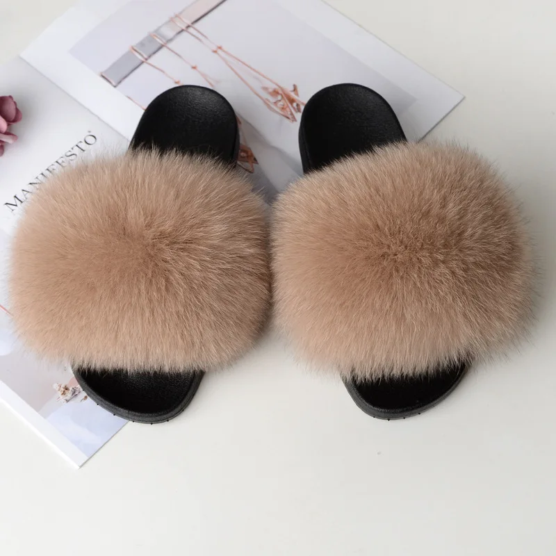

Hot Sale Real Nature Fox Fur Slippers Women Comfort With Feathers Furry Slides Sandal For Women Female Furry Indoor Fluffy Plush
