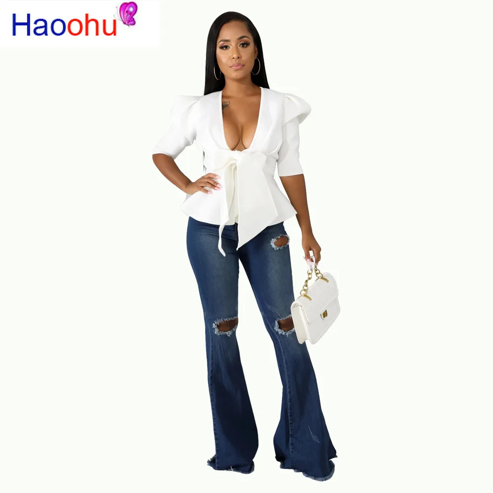 

HAOOHU Half Sleeve Sexy Deep V Neck Bow Blouse Women Summer Casual Solid Color Ruffle Blouse Elegant Bandage Crop Blouse Top