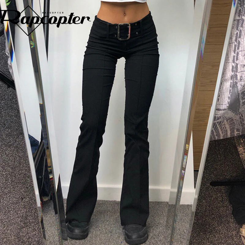 

Rapcopter Black Sashes Flare Pants Slim Low Waisted Retro Trousers y2k Grunge Casual Fashion Joggers Women Basic Korean Pants