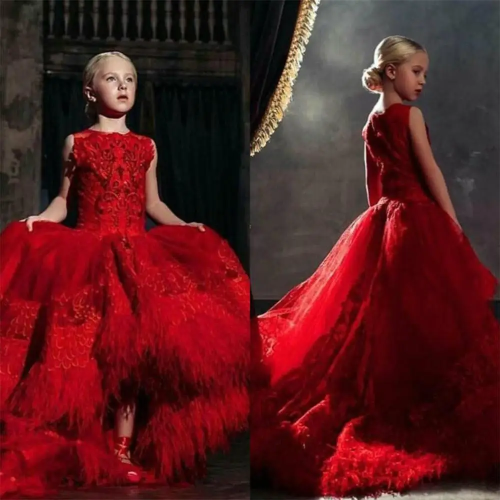 

Red High Low Girls Pageant Dresses 3D Floral Appliques Lace Feathers Sweep Train Party Birthday Gowns Flower Girl Dress
