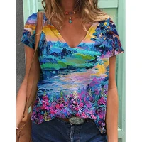 hot sale new printing v neck short sleeve t shirt comfortable womens tee top vintage daily t shirts multicolor selection