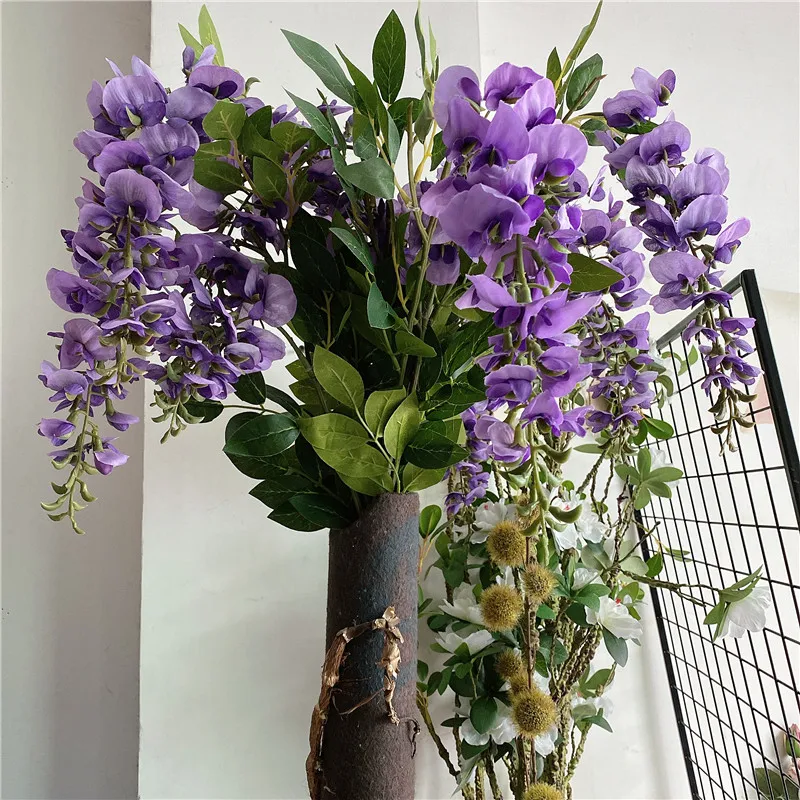 NEW Wisteria flower vine branch for wedding party decor silk artificial flowers with leaves wall hanging violet flores | Дом и сад