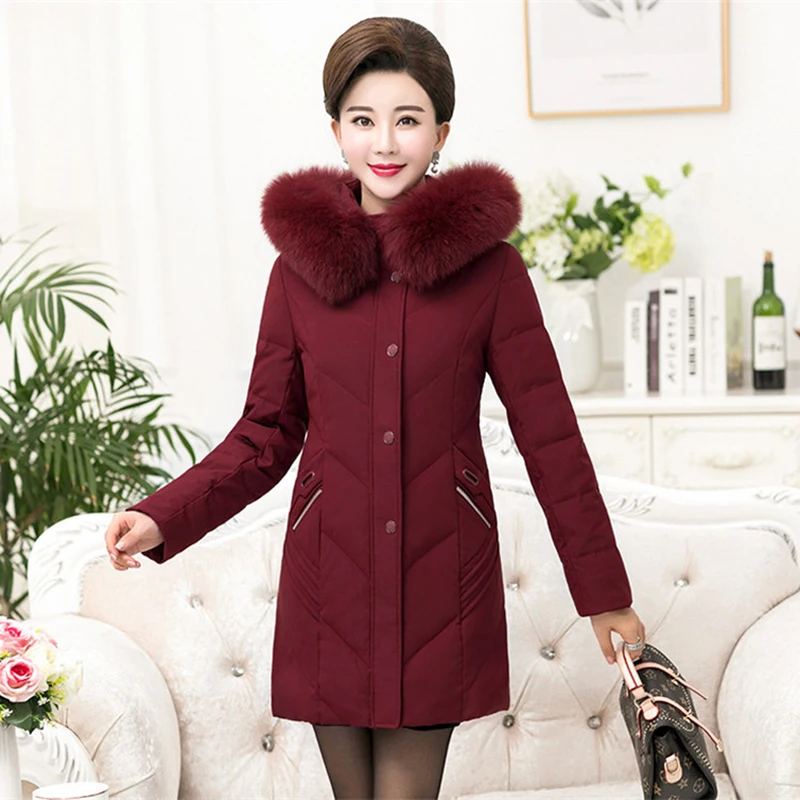 Oversize Winter Down Jacket Middle aged Women White duck down Coat Thicken Hooded Fur collar Outerwear Plus size XL-13XL G739 | Женская