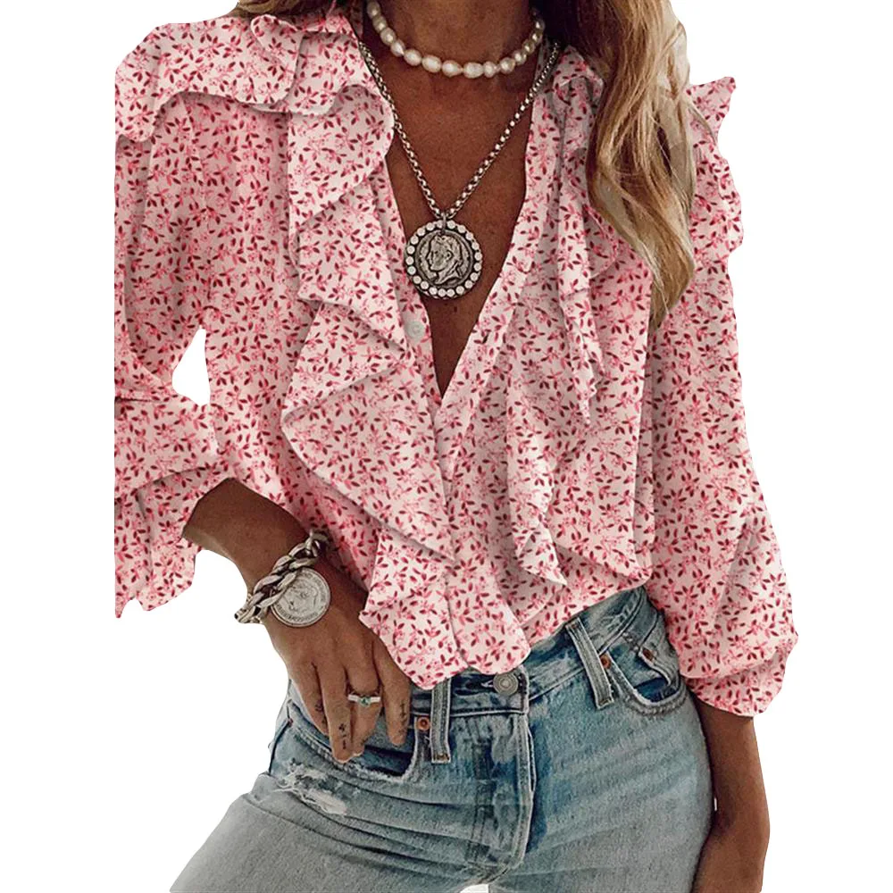 

Блузка женская демисезонная с оборками, V-образным вырезом и рукавами-лепестками