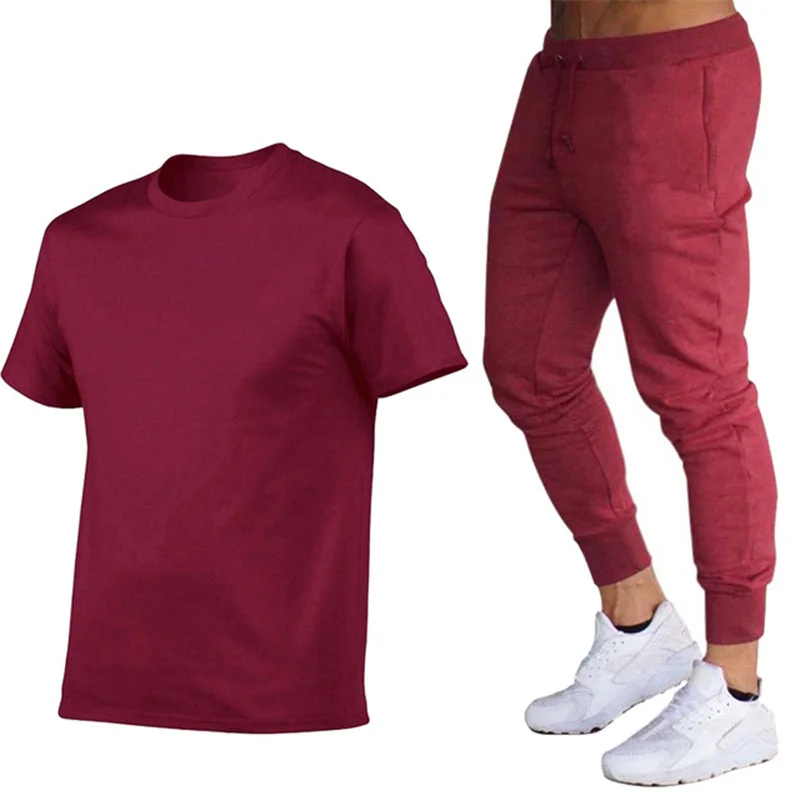 

2021 spring and summer new men's brand casual sports T-shirt suit fitness cotton T-shirt + running pants men's track suit
