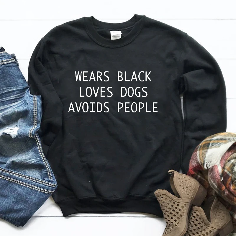 

Kawaii Wears Black Loves Dogs Avoids People Long Sleeve Mom Women Sweatshirt Pullover Plus Size Winter Cotton Clothing Drop Ship