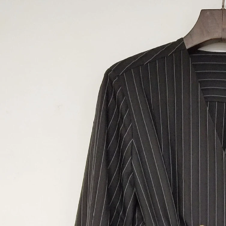 

2021 Autumn and Winter Black Striped V-neck Double-breasted Short Dress Women Waist Slimming Long-sleeved Dress