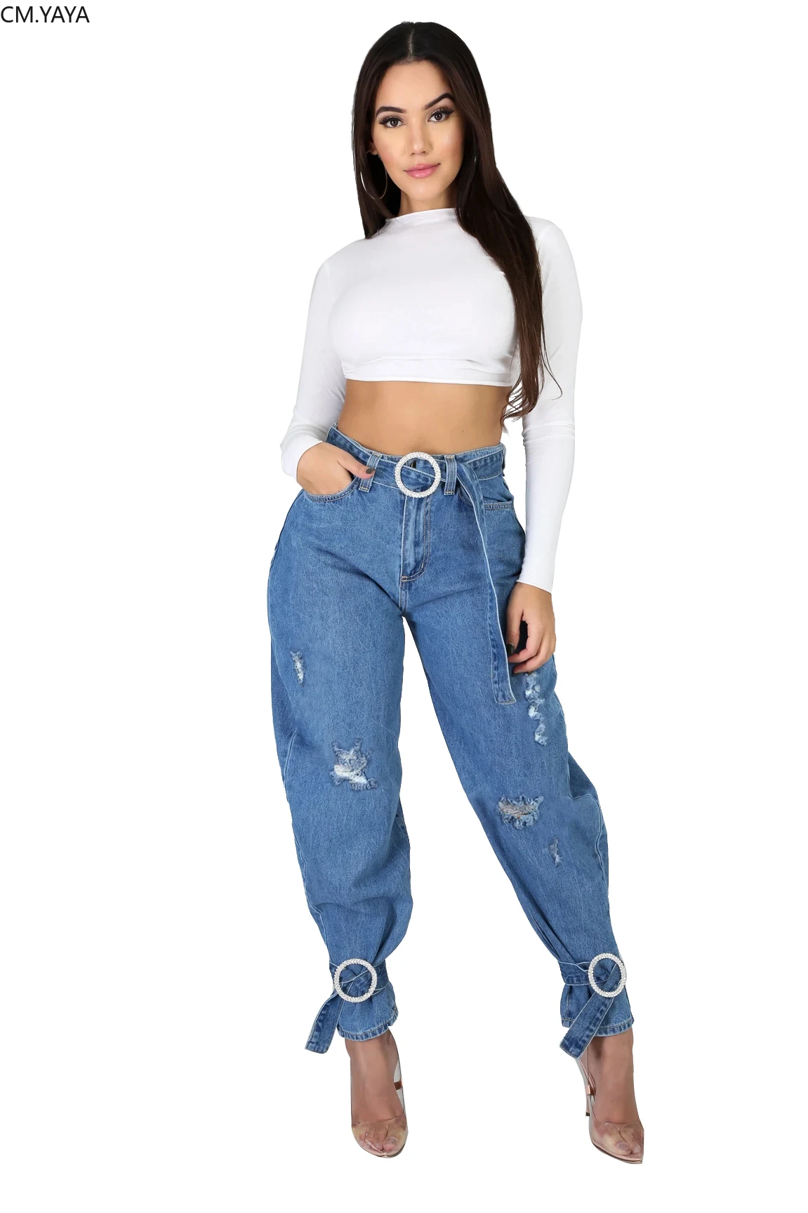 Женские джинсовые брюки с высокой талией рваные узкие карандаш в стиле ретро