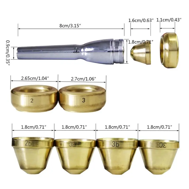

Gold Trumpet Mouthpiece, 4 Sizes, Convertible, New G99D