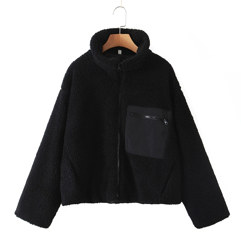 

Осенне-зимняя свободная черная махровая куртка с воротником-стойкой, уличное пальто на молнии, куртка с карманами, женская верхняя одежда