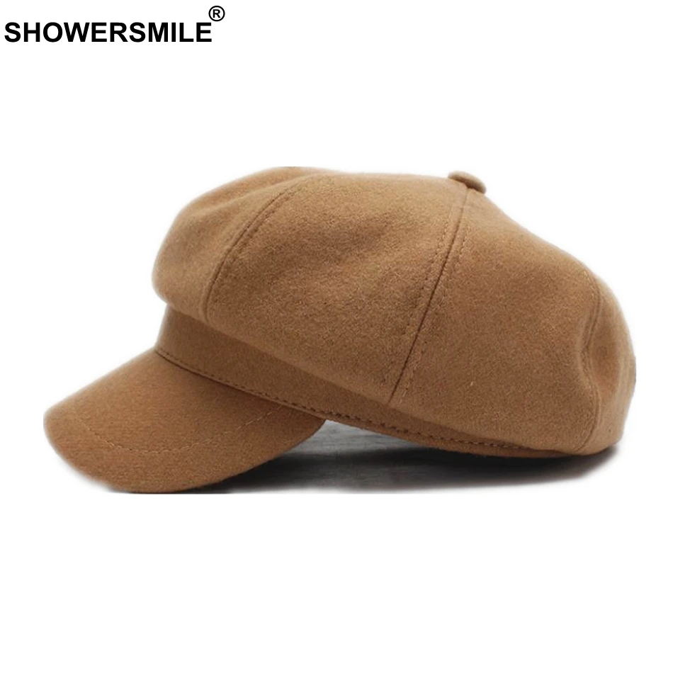 SHOWERSMILE, Женская шерстяная шляпа, Женская британская Кепка Newsboy Camel, восьмипанельная женская шапка для художника на весну и зиму, восьмиугольная кепка