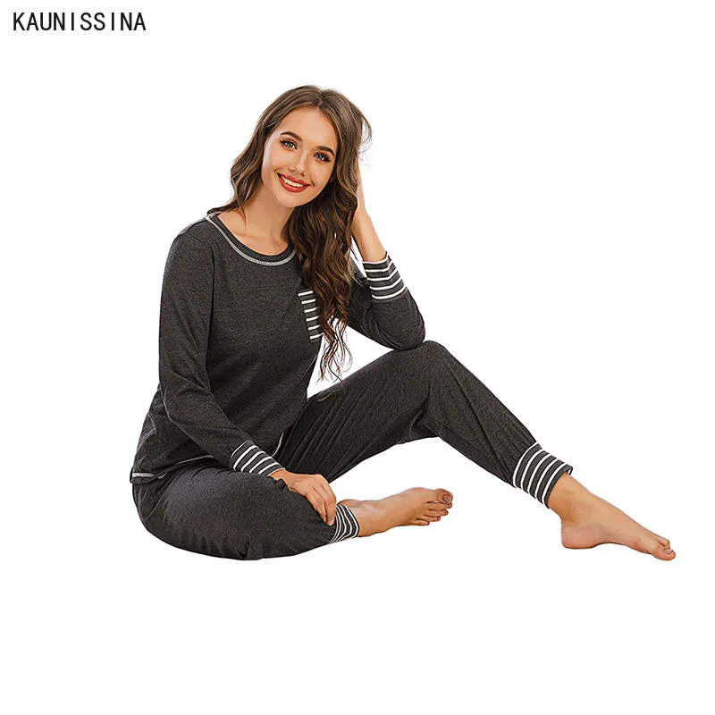 

Women Pajamas Set Autumn Winter Casual Sleepwear Long Sleeve O-Neck Pockets Tops With Long Pant Pajama Sets Female Nightwear