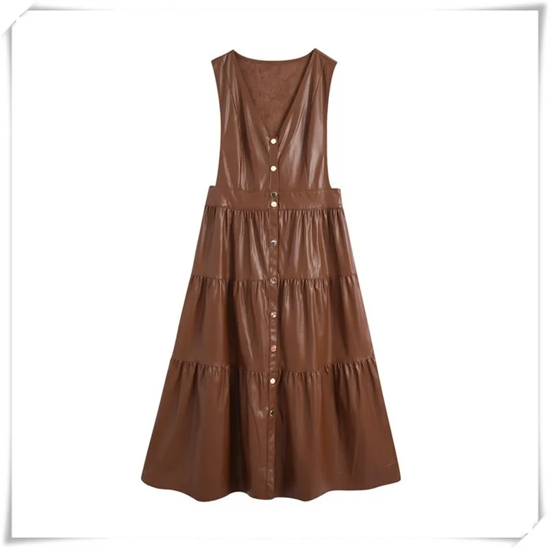 

Autumn 2020 New Women's British V-neck Faux Leather Laminated Decoration All-match Vest Leather Half-length Dress