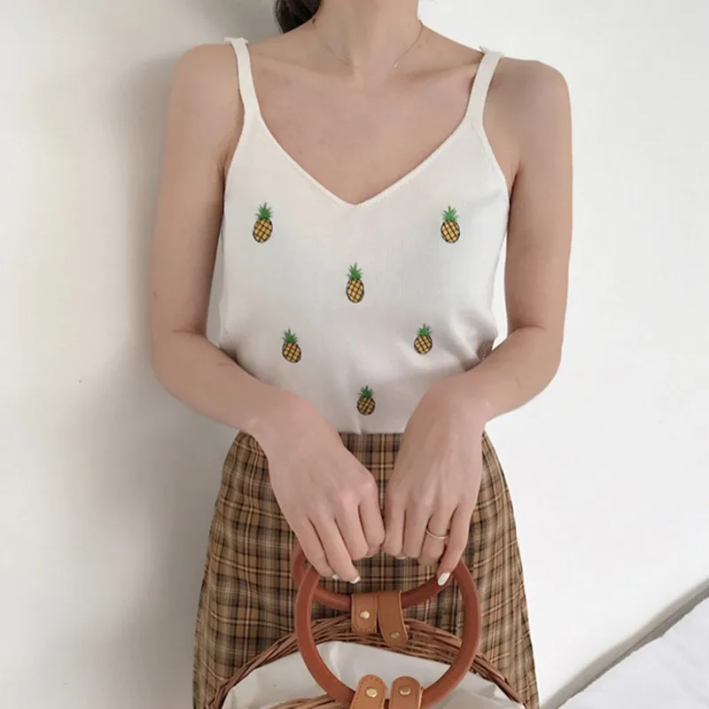 Женский милый тонкий трикотажный топ с вышивкой фруктов топы без рукавов