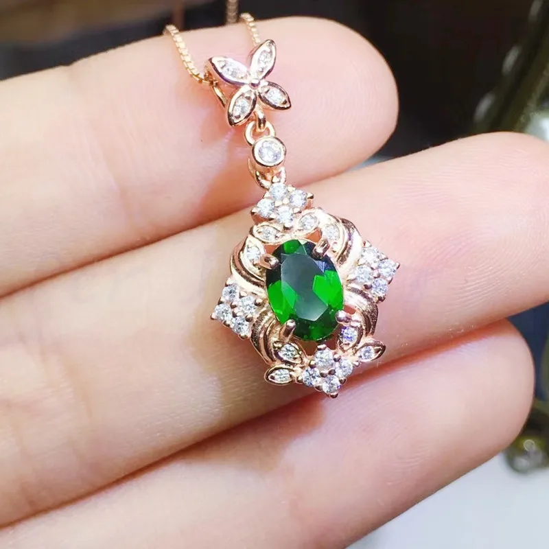 Per jewelry Natural real diopside flower style necklace pendant 1ct gemstone Free shipping 925 sterling silver Q910261 | Украшения и