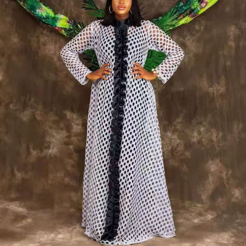

Elegant Women Maxi Long Dresses 2 Pieces Outfits Hollow Out See Through Fashion Oversized Evening Dresses Long Luxury 2022 Fall
