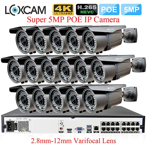 LOXCAM 16CH H.265+ 5MP POE NVR система видеонаблюдения 5MP 2,8-12 мм зум наружная Водонепроницаемая ИК ip-камера комплект видеонаблюдения 4 ТБ - Цвет: 16CH NVR x 16 Camera