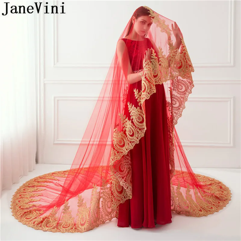 Красная изящная свадебная фата jaevini длиной 3 5 метра Арабская Однослойная Золотая