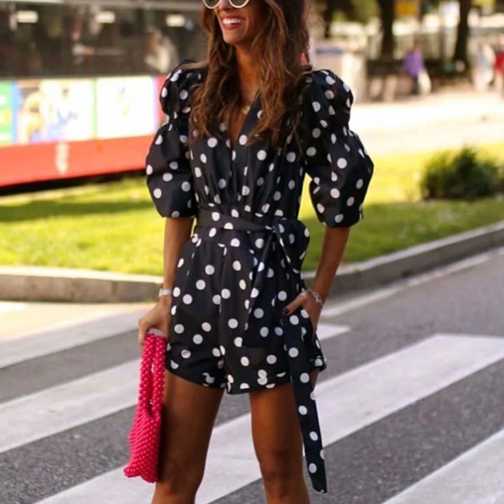 Boho элегантные комбинезоны миди с поясом шикарные женские в горошек принтом 2019