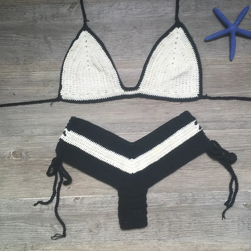 Вязаный крючком комплект бикини бандо с высокой талией купальник женский из двух
