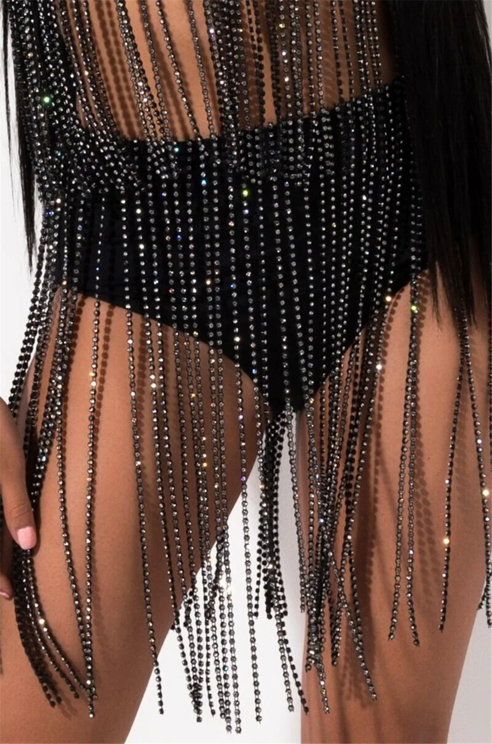 

Shiny Diamonds Tassel Two Piece Set Strapless Backless Crop Tops Sexy Stretchy Panty Summer Chic Night Club Outfits