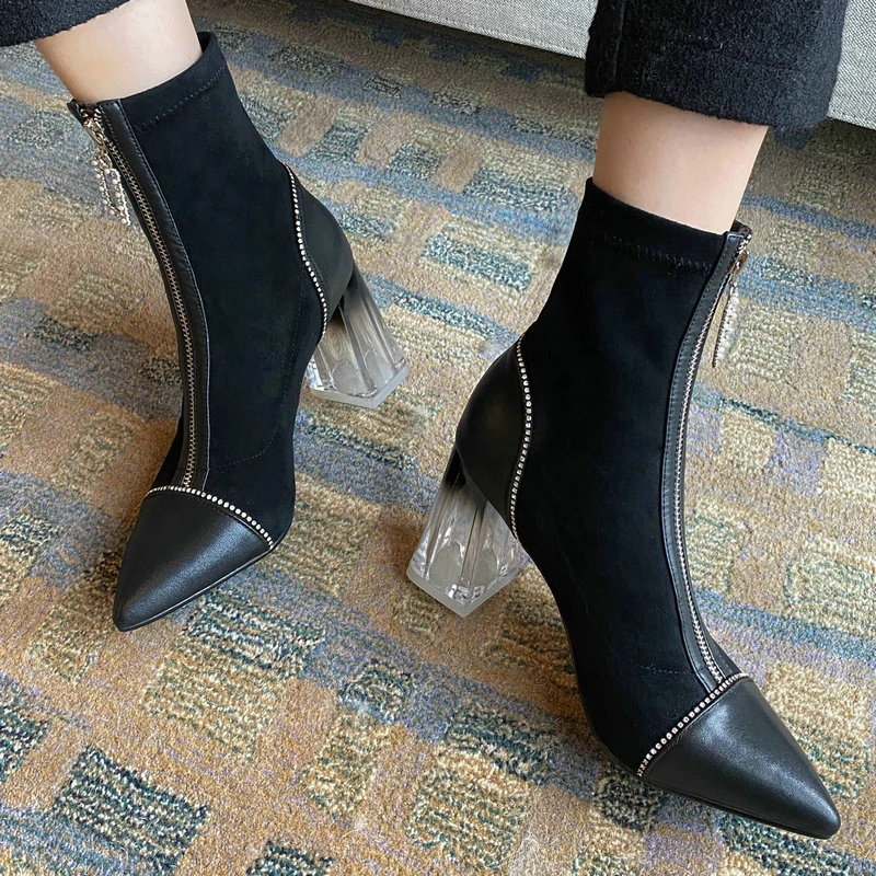 

Autumn Winter patchwork Genuine Leather Women Ankle Boots Zipper High Heels Party Night Club Shoes Woman Short Boots size 42 43