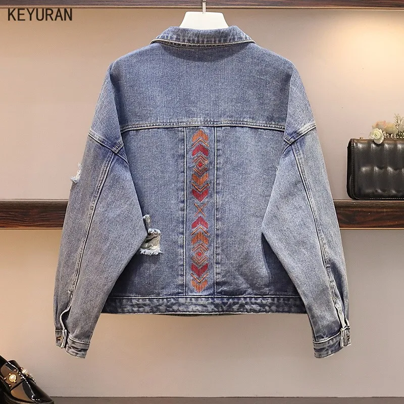 Женская джинсовая куртка с дырками свободная винтажная бомбер из денима в