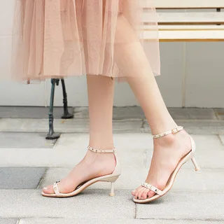 Sexy word buckle sandals women 2023 summer new Round Toe Flock Buckle Strap 6.5CM Thin High Heels women shoes size 35-42 rivet