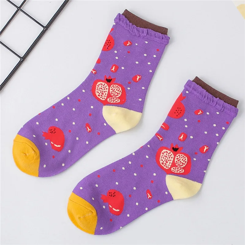 Purple Pomegranate Милый комплект для девочек с изображением героев мультфильмов, фруктов, коттоновые носки Веселые orange банан груша арбуз рисунком Земляничная принцесса Лолита носки, подарок на Рождество - Цвет: Purple Pomegranate