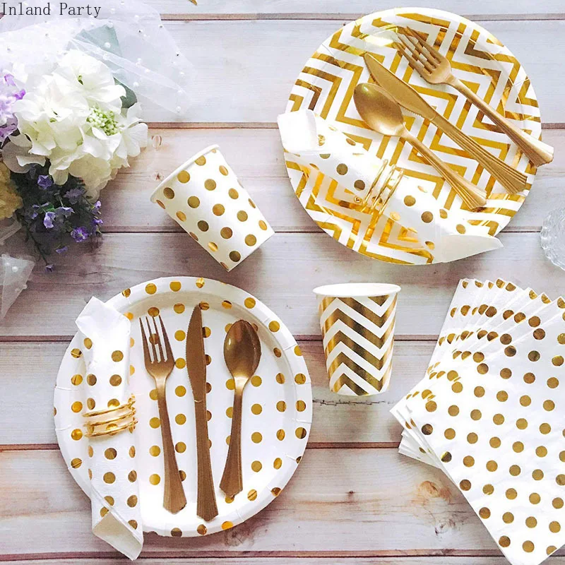 Набор одноразовой посуды с бронзовыми полосками 36 шт.|Одноразовая посуда для
