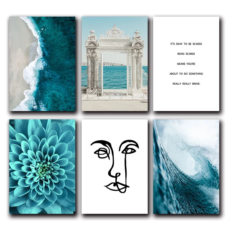 

Ocean Waves Blue Flower Wall Poster Sea Beach Landscape Canvas Print Nordic Painting Scandinavian Art Room Decoration Picture