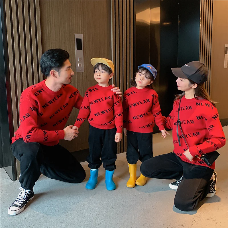 

Vigarelyan Parent-kids Sweater for New Year Mother Daughter Red Letter Print Pullover Cardigan Winter Love Coupler Top Outerwear