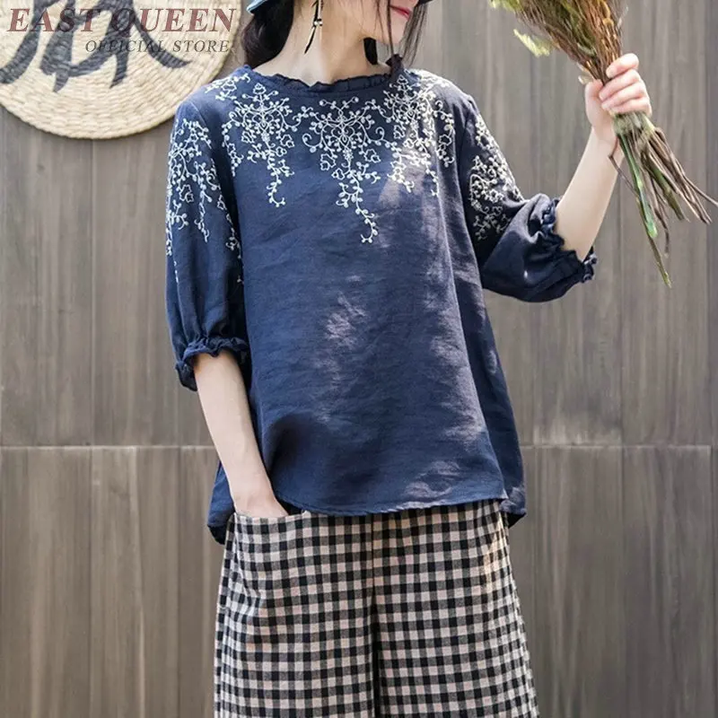 Винтажные Женские китайские Топы с коротким рукавом и круглым вырезом топы