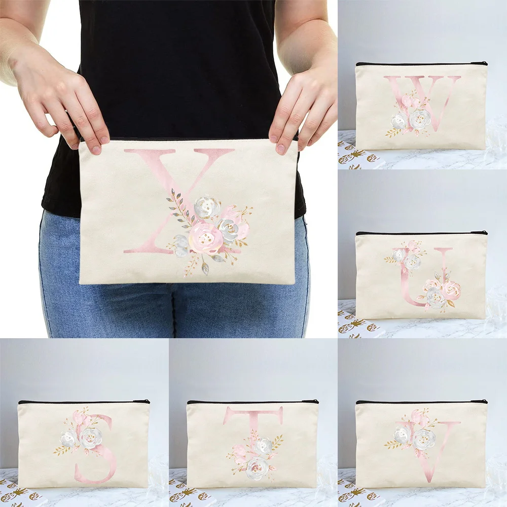 

Women's Makeup Bag Bridesmaid Pink Flower Floral Letters Pattern Storage Bage Cosmetic Bags Folding Make Up Cases Pencil Cases