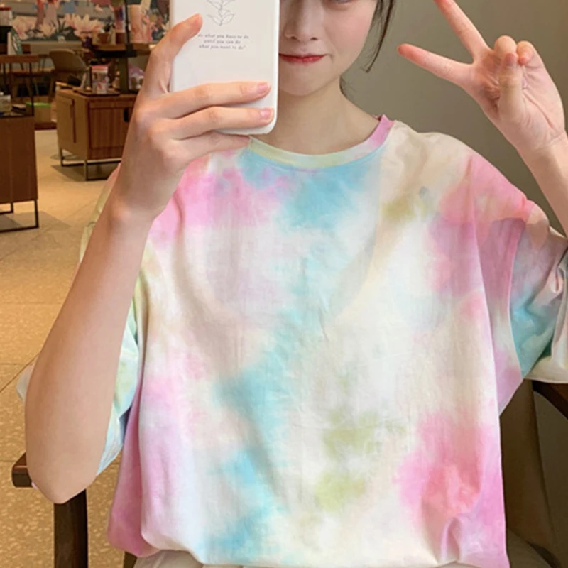

Short Sleeve T-shirts Women Tie-dye O-neck Chic Plus Size 2XL loose Teens Womens Harajuku High Street gradient Tops