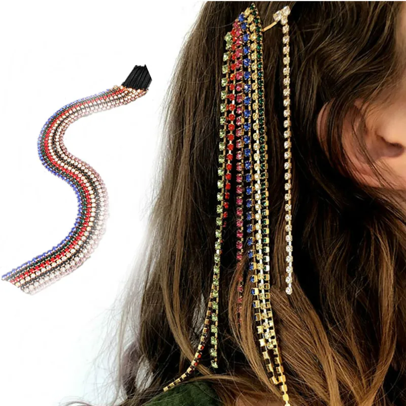 

3 Styles Fashion Metal Head Chain Long Tassel Colorful Crystal Beads Drill chain Wig Extension Clip Hair Accessories Women Gift