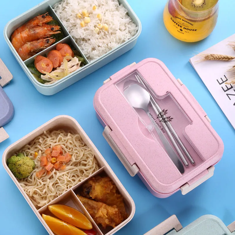 1.1L Ланч бокс 3 слоя пшеничной соломы Bento коробка герметичная микроволновая посуда