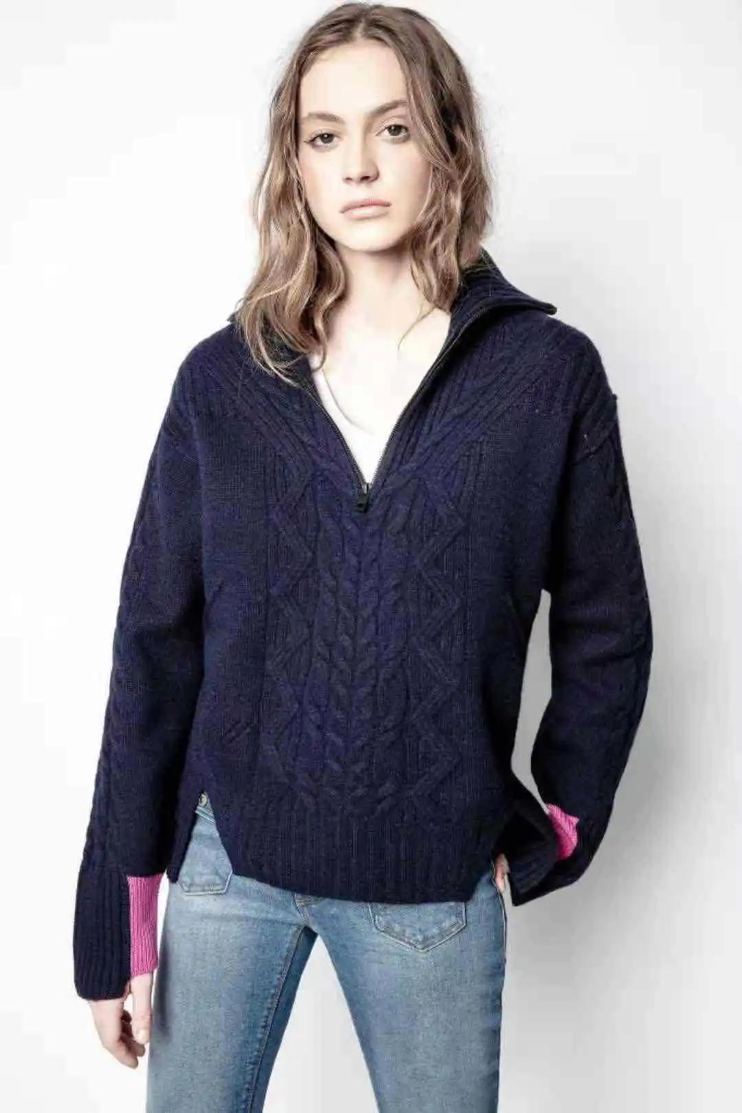 

Women Sweater Contrast Zipper Cashmere Winter Sweater Women