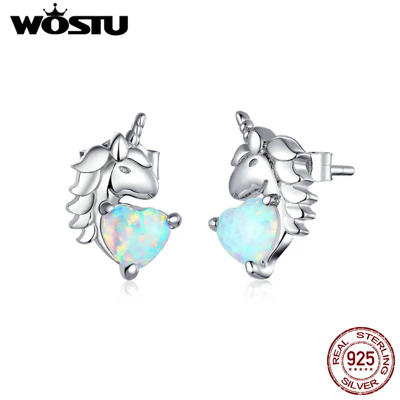 Серьги-гвоздики Wostu юникорна из серебра 925 пробы с блестящим белым опалом в форме сердца для женщин (модель FIE896).