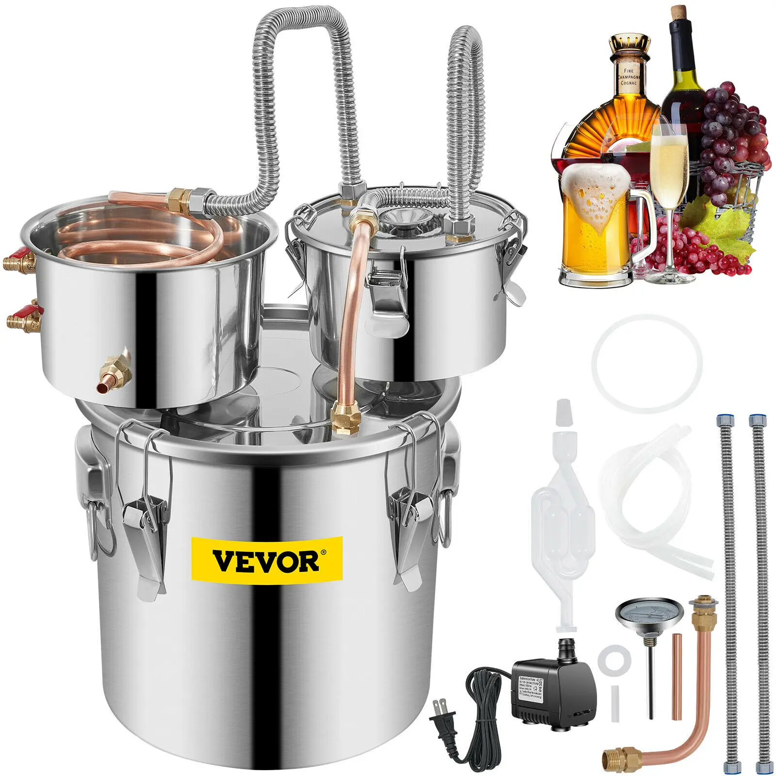 VEVOR Moonshine-Destilador de Alcohol con bomba de circulaci&oacute;n, Kit de elaboraci&oacute;n de aceite esencial, Whisky, agua, vino, Brandy, 12/21/38L-0