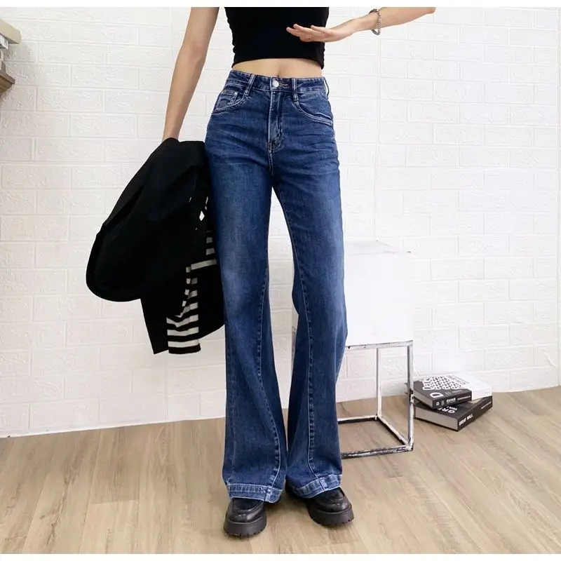 

Women's Casual High Waist Micro Flare Wide Leg Jeans Streetwear Loose Flare Denim Pants Ladies Floor Length Denim Trousers