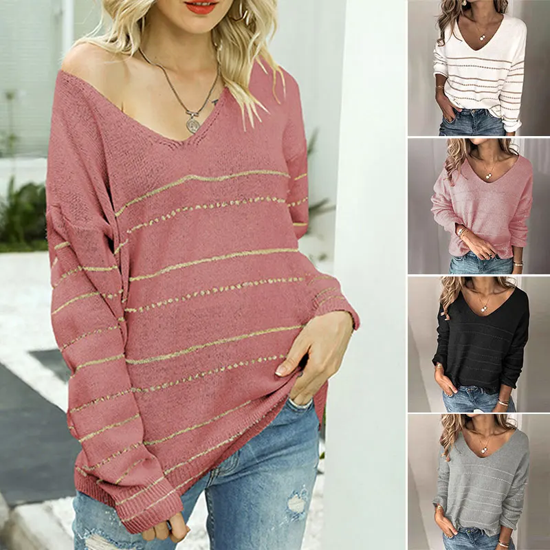 

Autumn Sweater Women Pullovers V-Neck Striped Basic Sweaters Casual Long Sleeve Loose Knitwear Tops