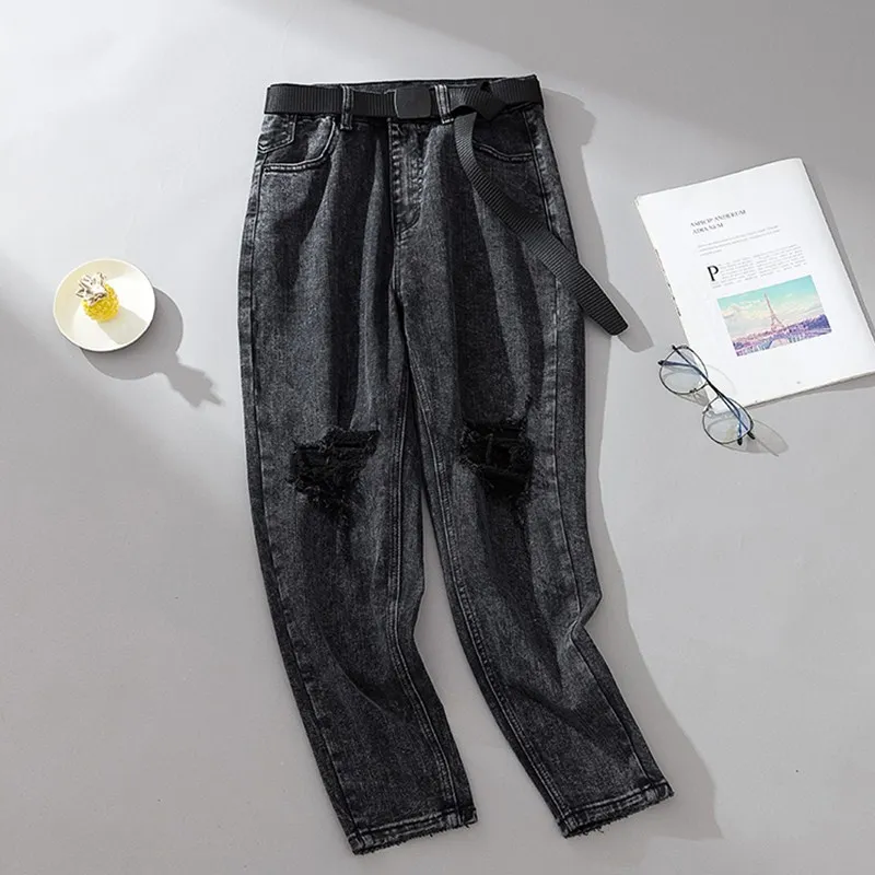 Женские джинсы стрейч JUJULAND черные свободные с дырками и прямыми штанинами