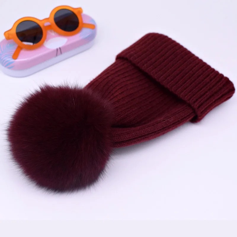 Зимняя Весенняя вязаная шерстяная шапка Skullies повседневная женская шапка натуральный помпон из лисьего меха шапки