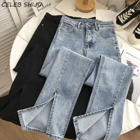 chic streetwear denim jeans woman flare pants high waist elastic denim trousers woman korean vintage blue mom split jeans woman