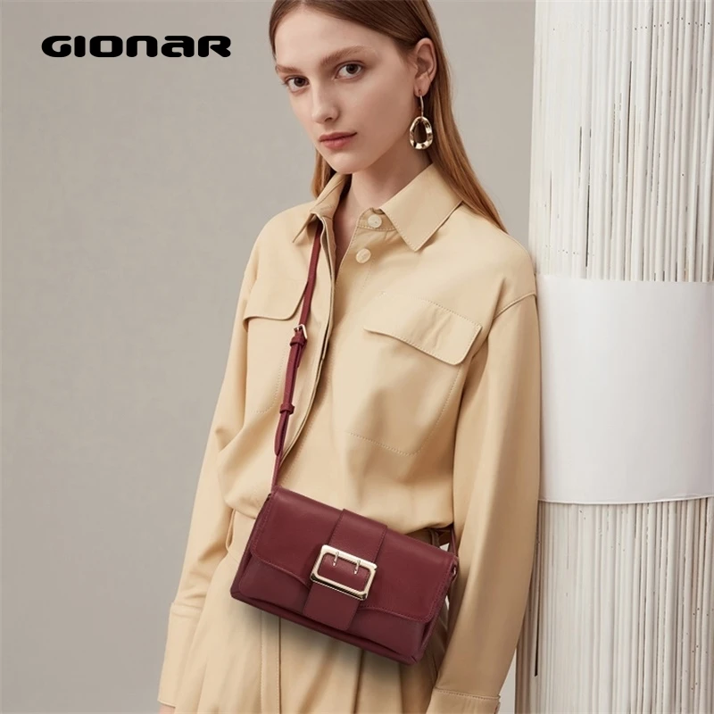 

GIONAR Retro Wine Red Crossbody Purse Premium Soft Cow Leather Double Compartments Small Messenger Saddle Bag