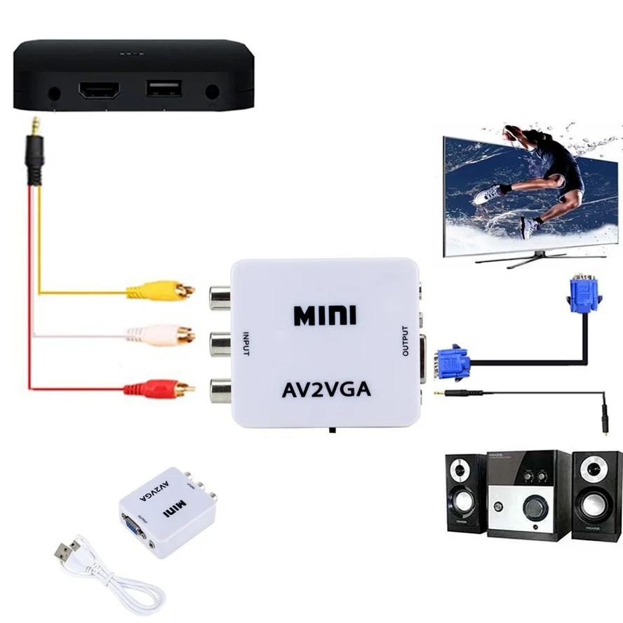 Преобразователь видео WVVMVV HD Mini RCA CVBS AV в VGA с 3 5 мм аудио адаптер AV2VGA для ПК на ТВ