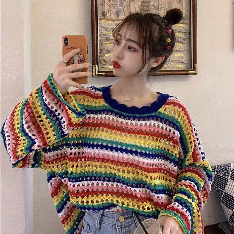 

Summer loose and slim blouse Rainbow Stripe T-shirt 2020 new long sleeve sunscreen women's wear